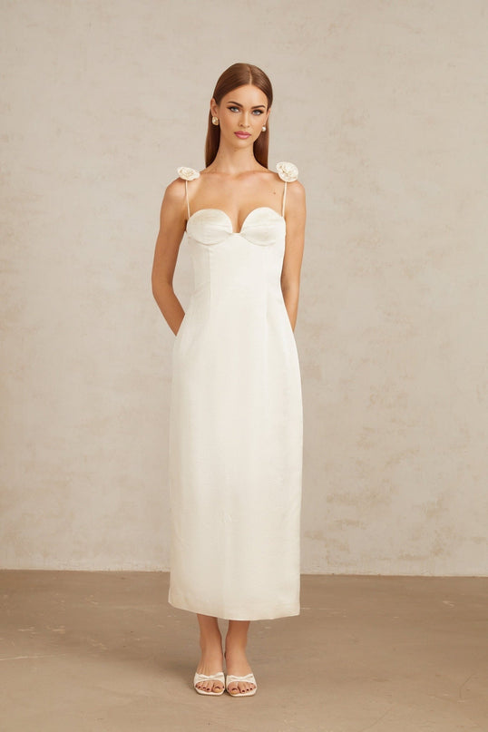 Maddalena White Floral Satin Midi Dress with 3D-Petal Detailing