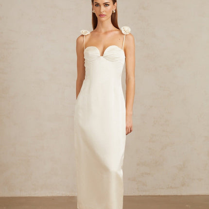 Maddalena White Floral Satin Midi Dress with 3D-Petal Detailing