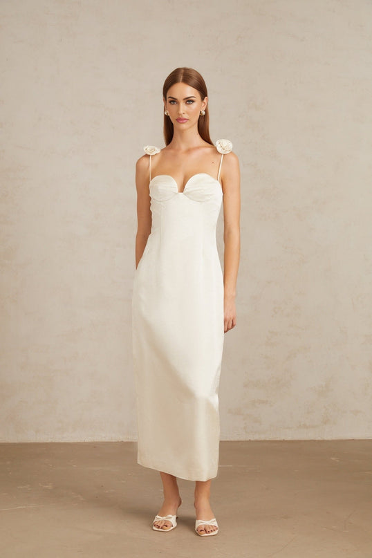 Maddalena White Floral Satin Midi Dress with 3D-Petal Detailing
