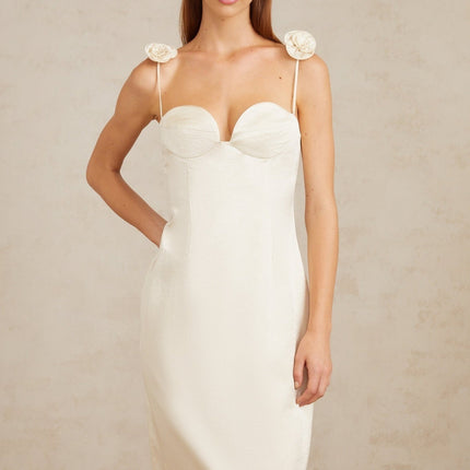 Maddalena White Floral Satin Midi Dress with 3D-Petal Detailing