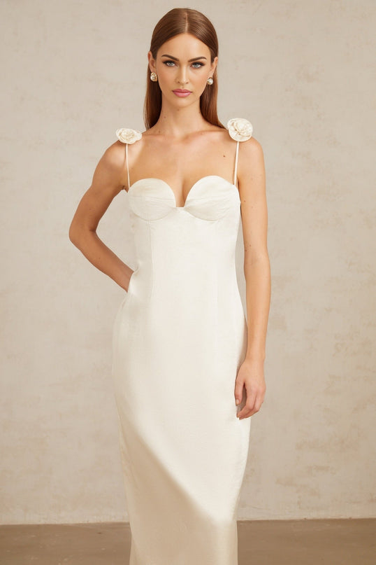 Maddalena White Floral Satin Midi Dress with 3D-Petal Detailing