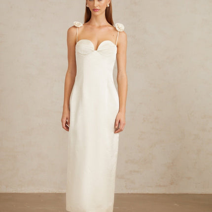 Maddalena White Floral Satin Midi Dress with 3D-Petal Detailing and Rear Slit