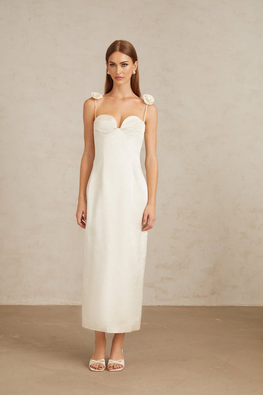 Maddalena White Floral Satin Midi Dress with 3D-Petal Detailing and Rear Slit