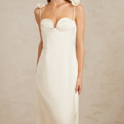 Maddalena White Floral Satin Midi Dress with 3D-petal Detailing