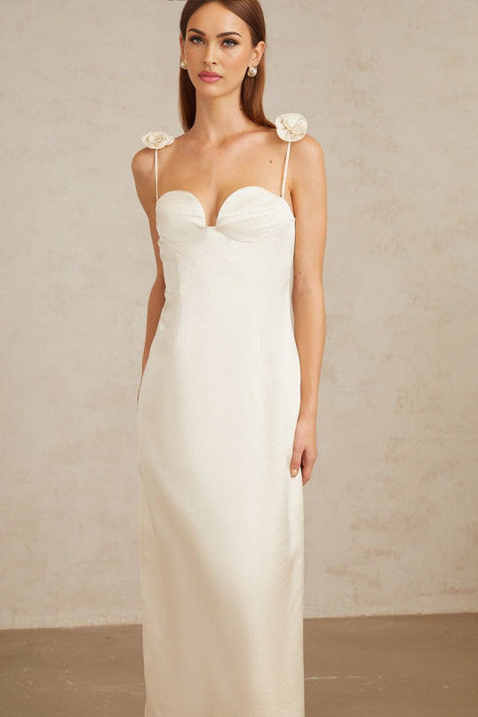 Maddalena White Floral Satin Midi Dress with 3D-petal Detailing