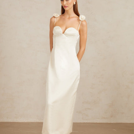 Maddalena White Floral Satin Midi Dress with 3D Petal Detailing