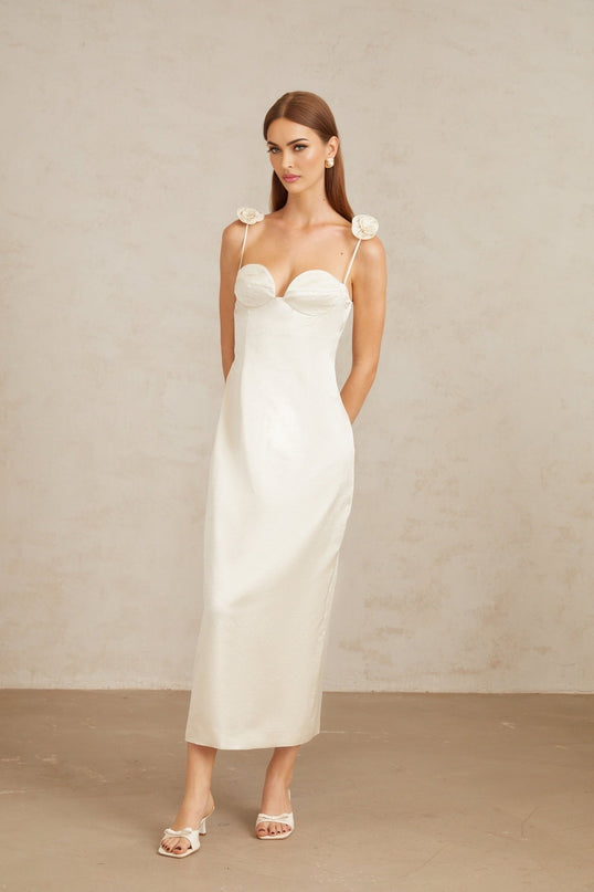 Maddalena White Floral Satin Midi Dress with 3D Petal Detailing