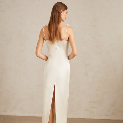 Maddalena White Floral Satin Midi Dress with 3D-Petal Detailing