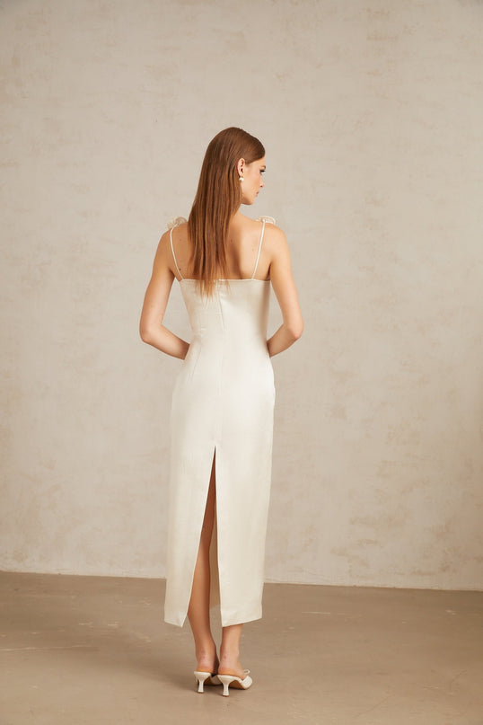 Maddalena White Floral Satin Midi Dress with 3D-Petal Detailing