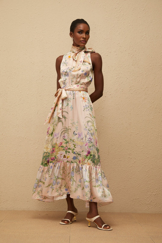 Madeleine Neutral Floral Print Satin Maxi Dress
