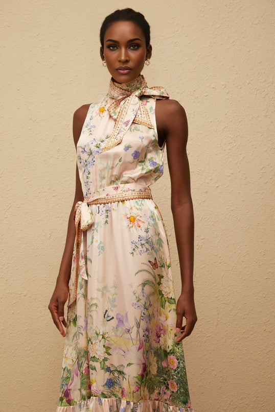Madeleine Neutral Floral Print Satin Maxi Dress