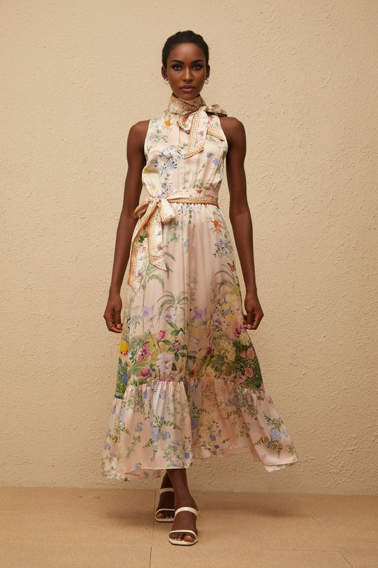 Madeleine Neutral Floral Print Satin Maxi Dress