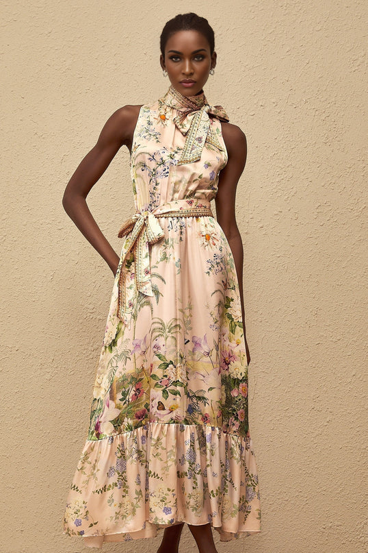 Madeleine Neutral Floral Print Satin Maxi Dress