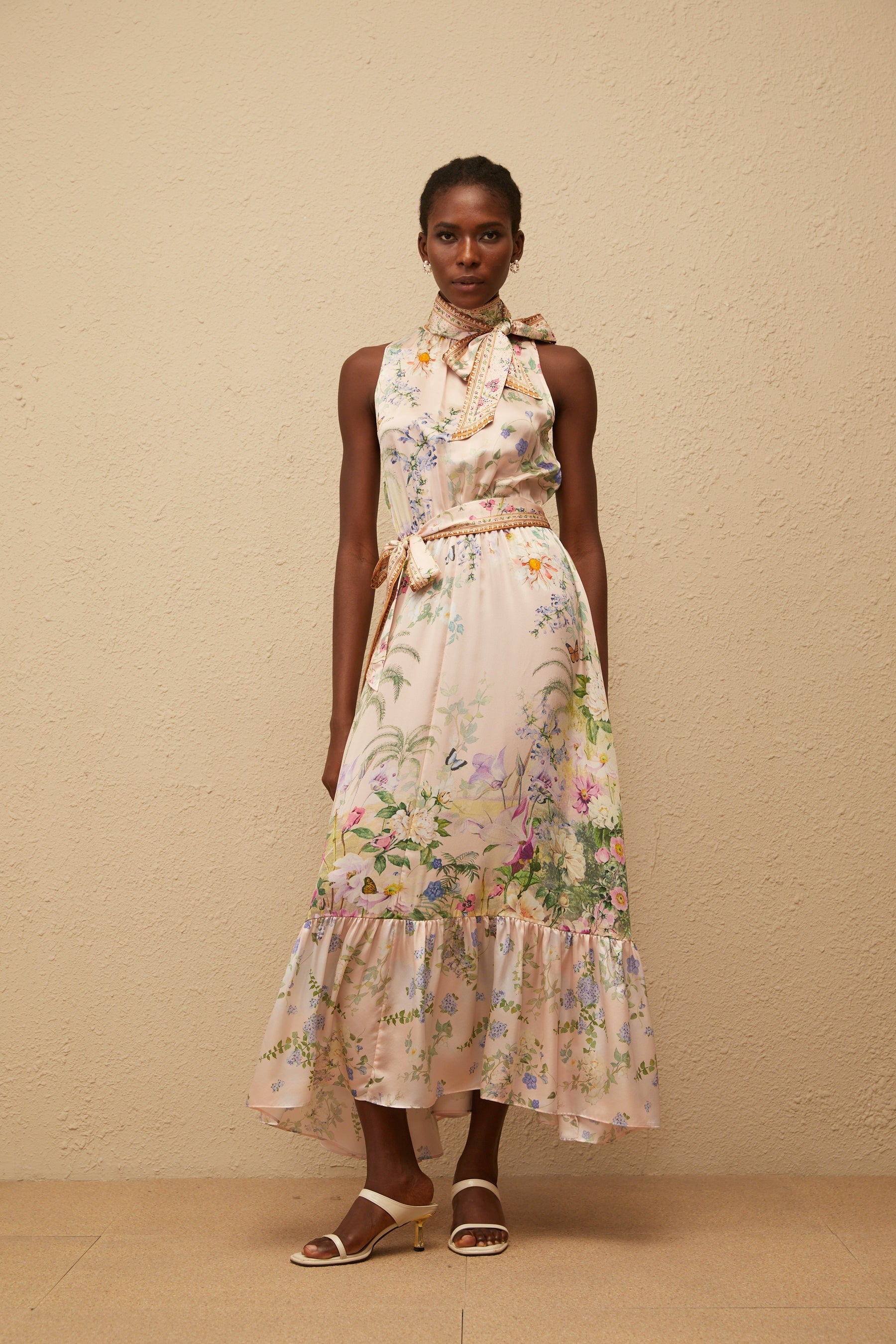 Madeleine Neutral Floral Print Satin Maxi Dress