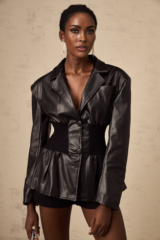 Madeline Black Faux Leather Jacket with Peak Lapels and Flared Hem