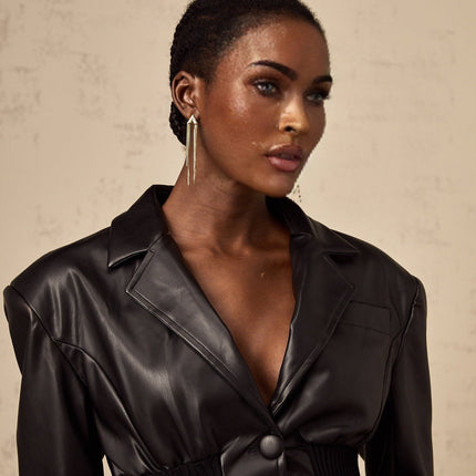 Madeline Black Faux Leather Jacket with Peak Lapels and Flared Hem