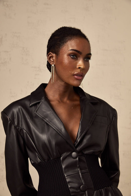 Madeline Black Faux Leather Jacket with Peak Lapels and Flared Hem