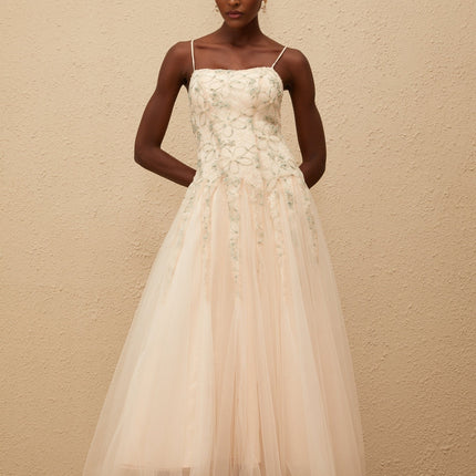 Madeline Green Floral Embroidered Tulle Maxi Dress