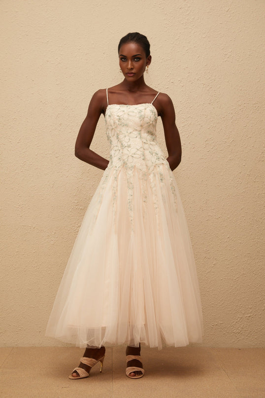 Madeline Green Floral Embroidered Tulle Maxi Dress