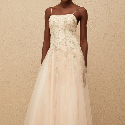 Madeline Green Floral Embroidered Tulle Maxi Dress