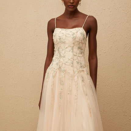 Madeline Green Floral Embroidered Tulle Maxi Dress