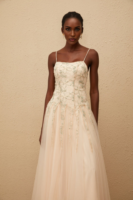 Madeline Green Floral Embroidered Tulle Maxi Dress