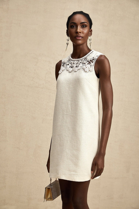 Madeline White Embroidered Beaded Cut-Out Mini Dress