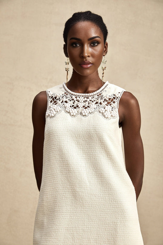Madeline White Embroidered Beaded Cut-Out Mini Dress