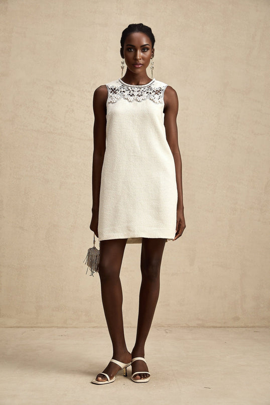 Madeline White Embroidered Beaded Mini Dress