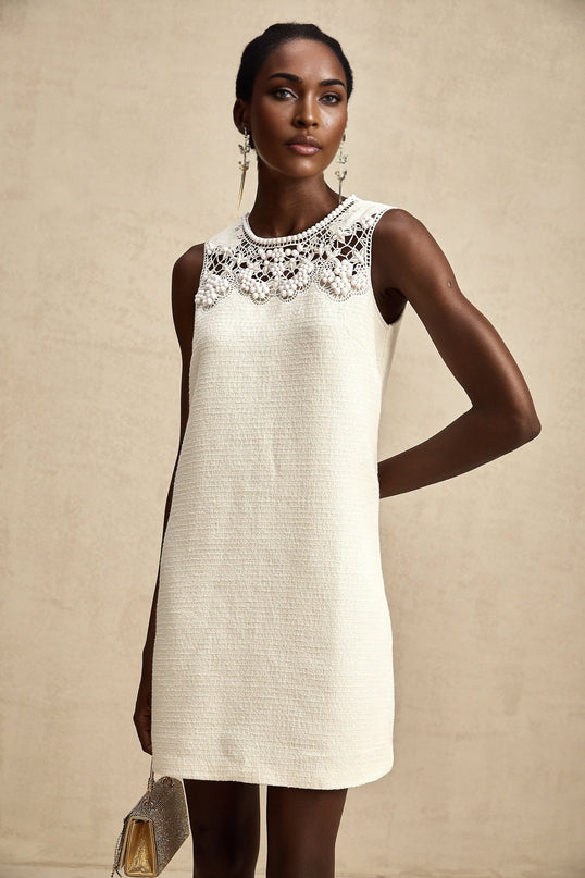 Madeline White Embroidered Beaded Mini Dress