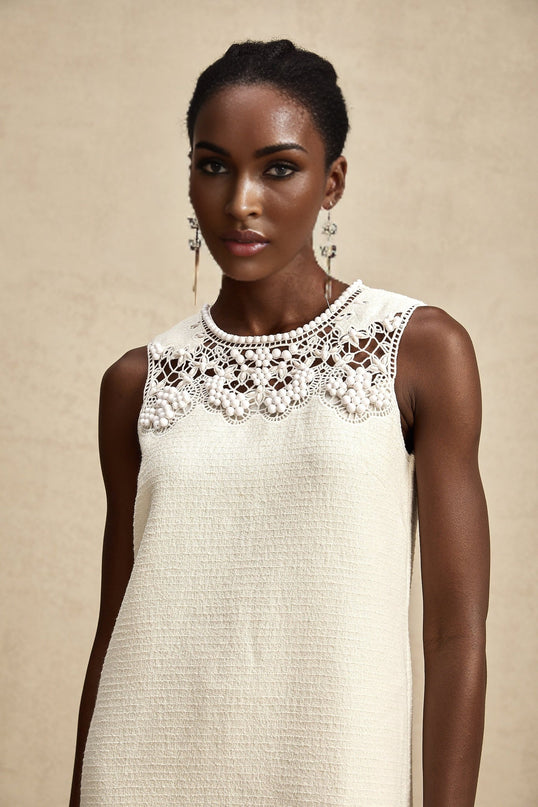 Madeline White Embroidered Beaded Mini Dress
