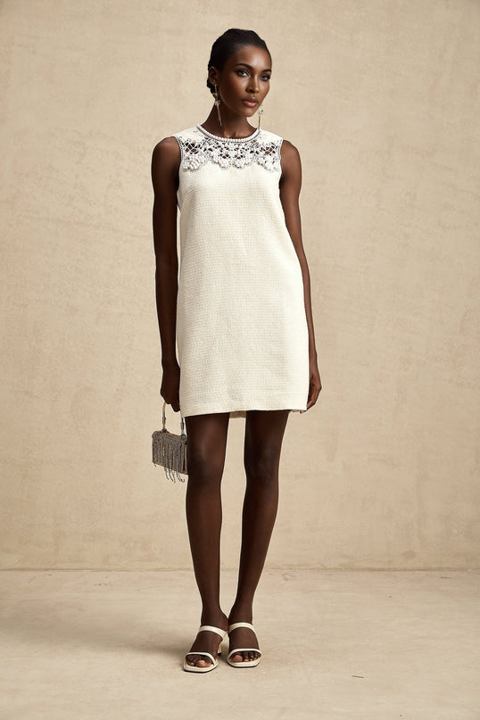 Madeline White Embroidered Beaded Mini Dress