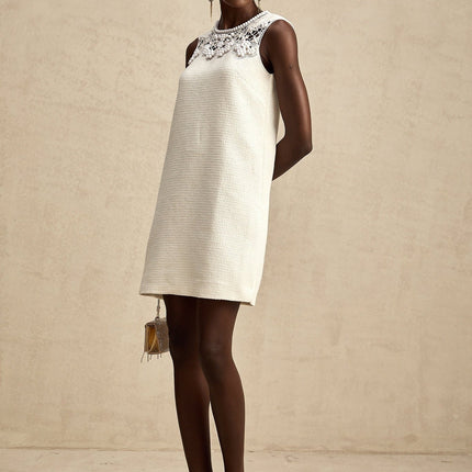 Madeline White Embroidered Mini Dress with Bead Embellishments