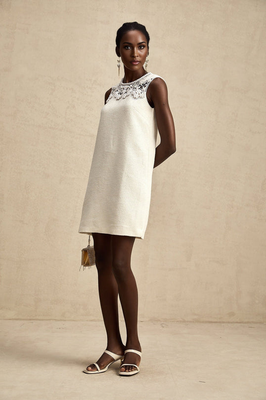 Madeline White Embroidered Mini Dress with Bead Embellishments