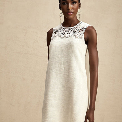 Madeline White Embroidered Mini Dress with Bead Embellishments