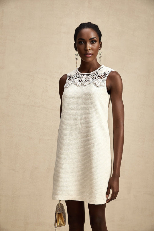 Madeline White Embroidered Mini Dress with Bead Embellishments