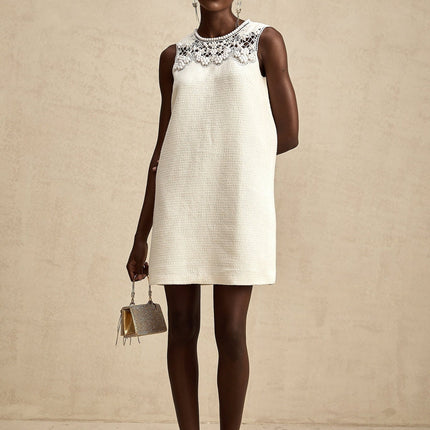 Madeline White Embroidered Mini Dress with Bead Embellishments