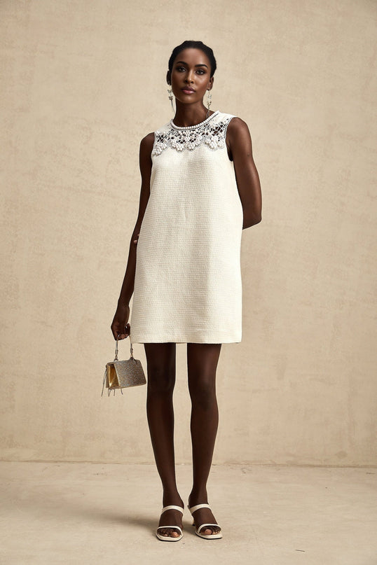 Madeline White Embroidered Mini Dress with Bead Embellishments
