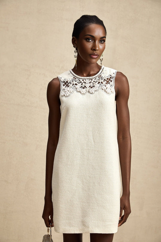 Madeline White Embroidered Mini Dress with Bead Embellishments