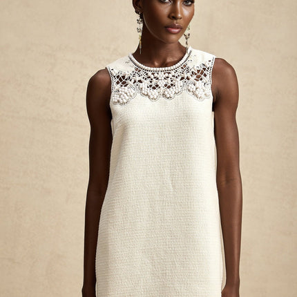 Madeline White Embroidered Mini Dress with Bead Embellishments