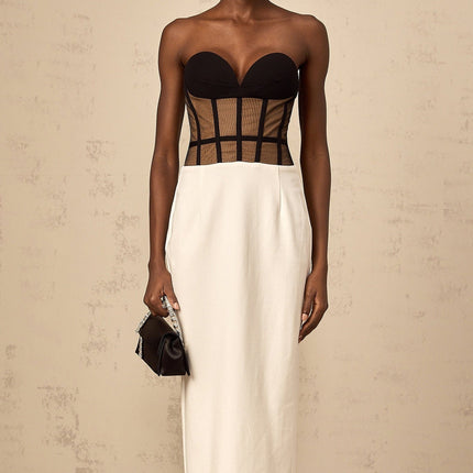 Madelyn Black Strapless Maxi Dress with Sweetheart Neckline and Corset Styling in Contrast Colors and Rear Slit