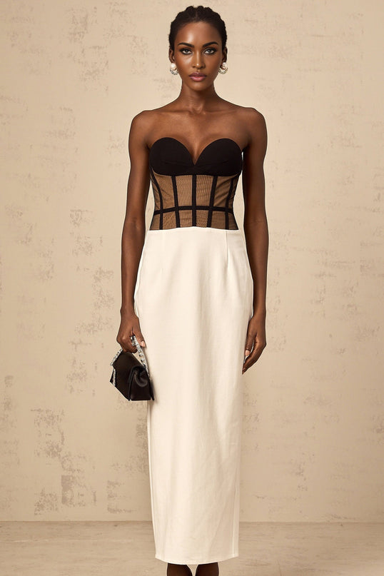 Madelyn Black Strapless Maxi Dress with Sweetheart Neckline and Corset Styling in Contrast Colors and Rear Slit