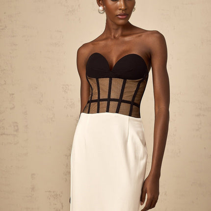 Madelyn Black Strapless Maxi Dress with Sweetheart neckline and Corset styling, Contrast colors, Rear slit, Semi-sheer construction, Straight hem