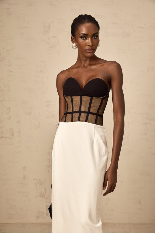 Madelyn Black Strapless Maxi Dress with Sweetheart neckline and Corset styling, Contrast colors, Rear slit, Semi-sheer construction, Straight hem