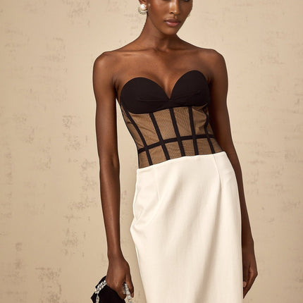 Madelyn Black Strapless Maxi Dress with Sweetheart neckline and Corset styling, crafted from luxurious fabrics with Contrast colors and Rear slit