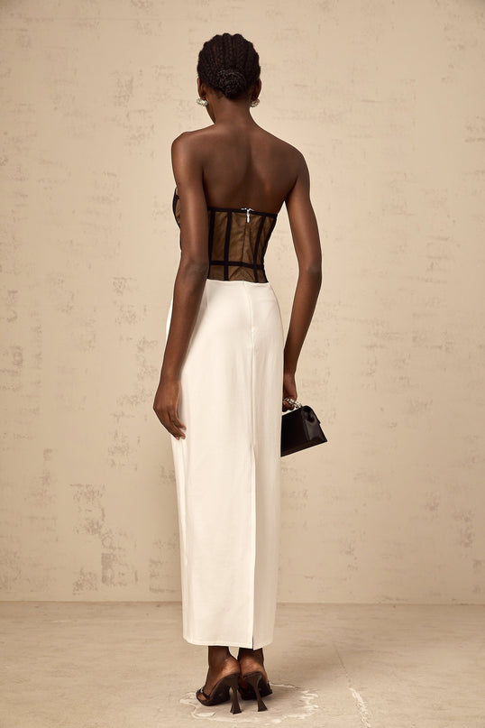 Madelyn Black Strapless Maxi Dress with Contrast Colors and Rear Slit
