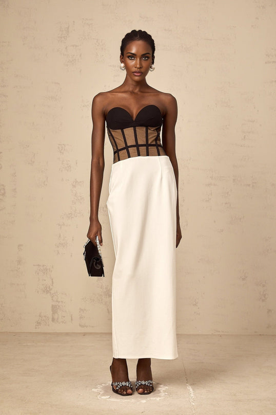 Madelyn Black Strapless Maxi Dress with Sweetheart neckline and Corset styling, Contrast colors and Rear slit, Semi-sheer construction and Straight hem, 100% Terylene fiber