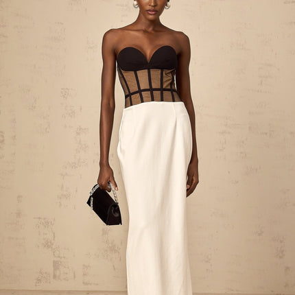 Madelyn Black Strapless Maxi Dress with Sweetheart neckline and Corset styling in Contrast colors, Rear slit, Semi-sheer construction, and Straight hem