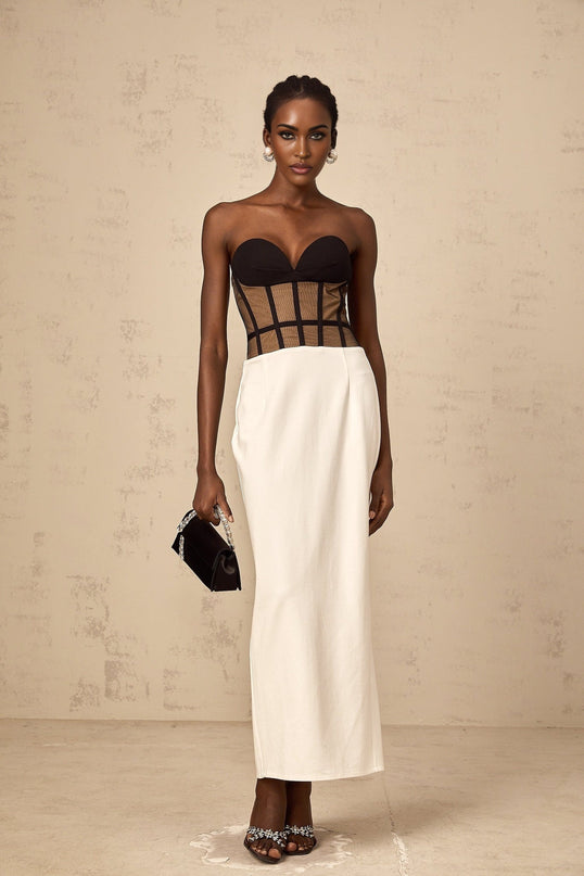 Madelyn Black Strapless Maxi Dress with Sweetheart neckline and Corset styling in Contrast colors, Rear slit, Semi-sheer construction, and Straight hem