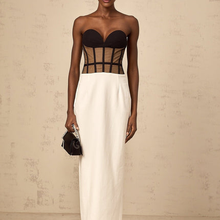 Madelyn Black Strapless Maxi Dress with Sweetheart neckline and Corset styling in Contrast colors and Rear slit